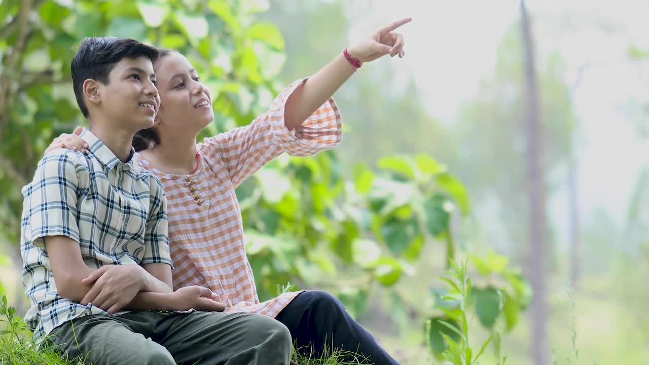 十几岁的男孩和女孩在公园户外欣赏风景视频素材