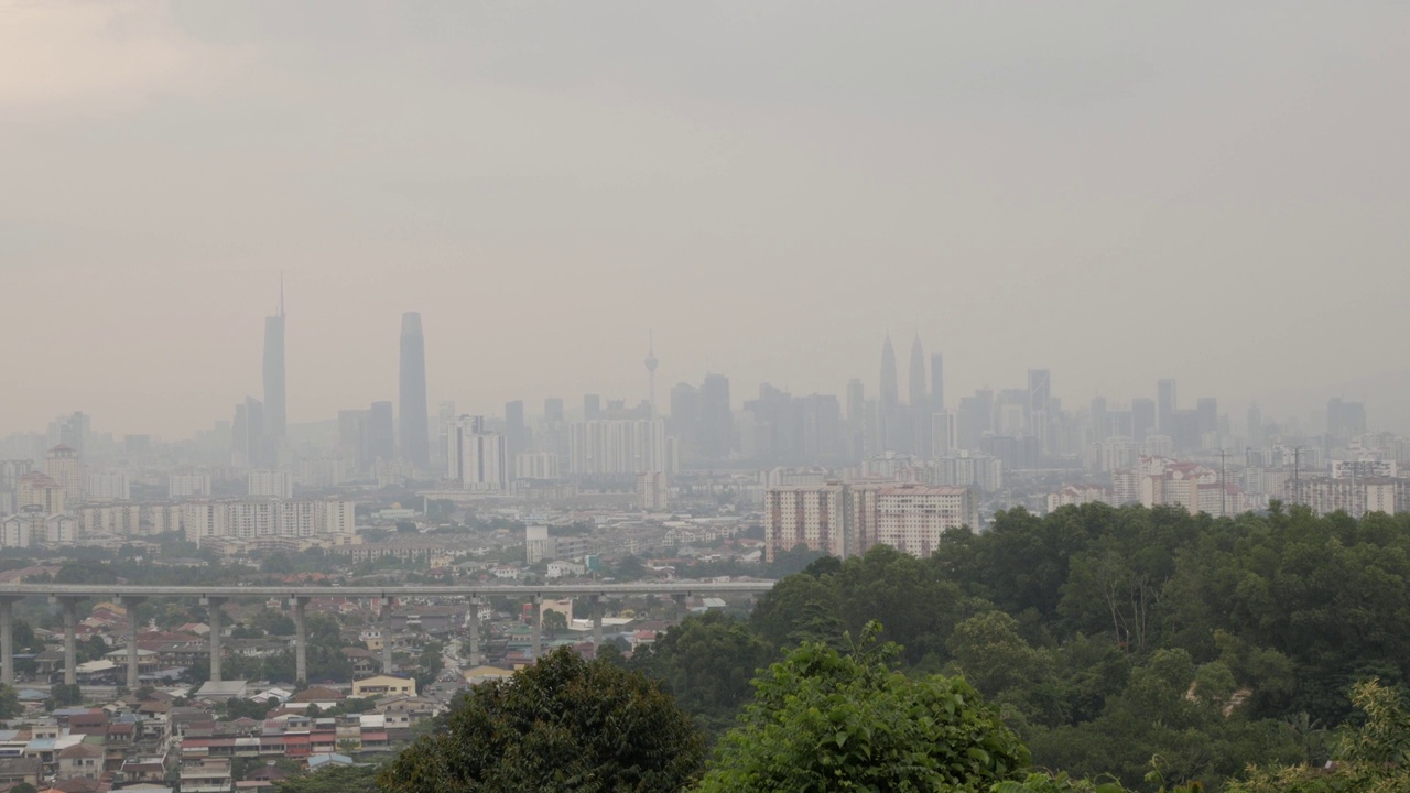 水平宽城市中心景观的许多摩天大楼，高层现代风格的建筑在吉隆坡，吉隆坡市，马来西亚与一些烟雾污染的日落时间视频素材