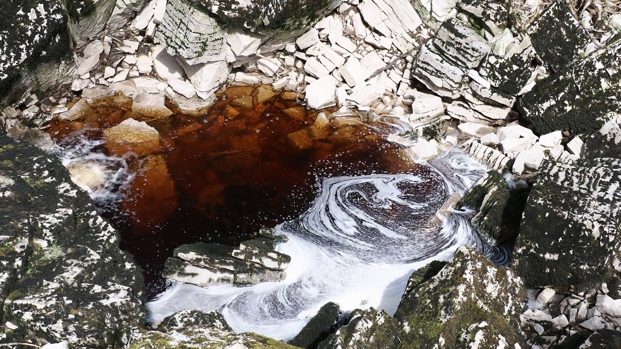 泥炭污染的水在一个石灰岩泉在教堂谷头，在沃恩赛德，约克郡山谷，英国。视频素材