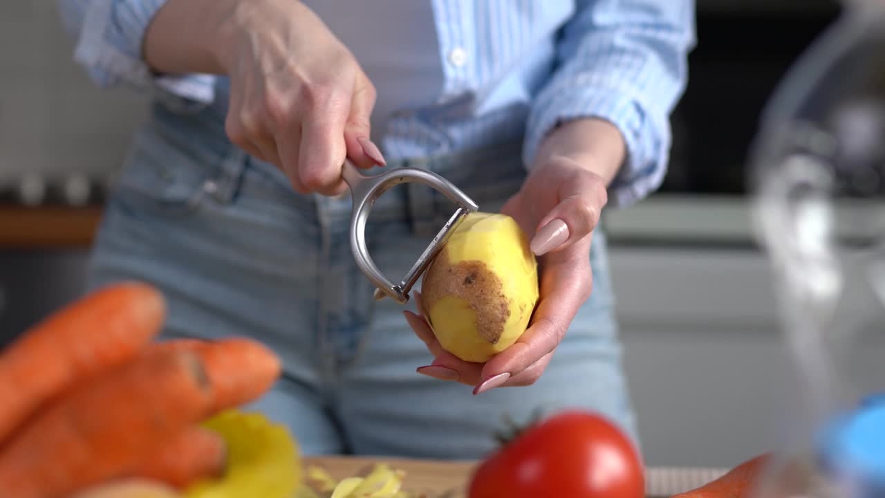 家庭主妇用削皮器削土豆。在家做饭的女性视频素材