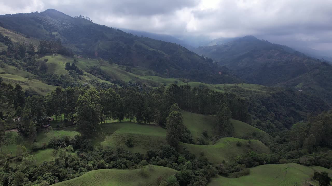 在一个非常阴暗的日子里，绿树成荫的山视频素材