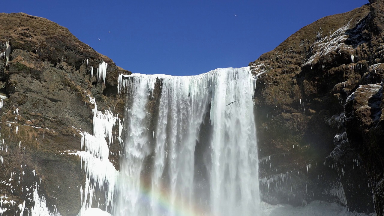 冰岛。大自然。冰瀑布。冰天雪地的冬日景观。雄伟的冰瀑布全景。冰岛黄金圈之旅。伟大的观光。视频素材