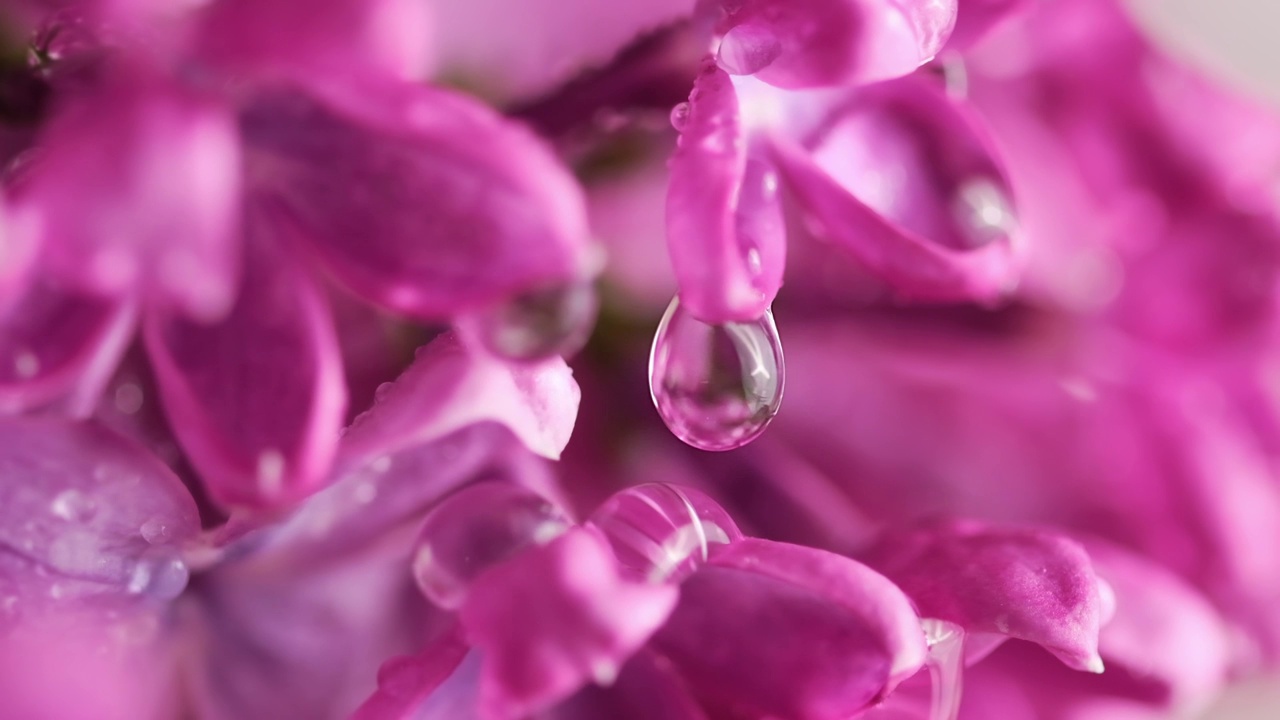 雨下的丁香花。雨滴落在丁香花瓣上视频素材