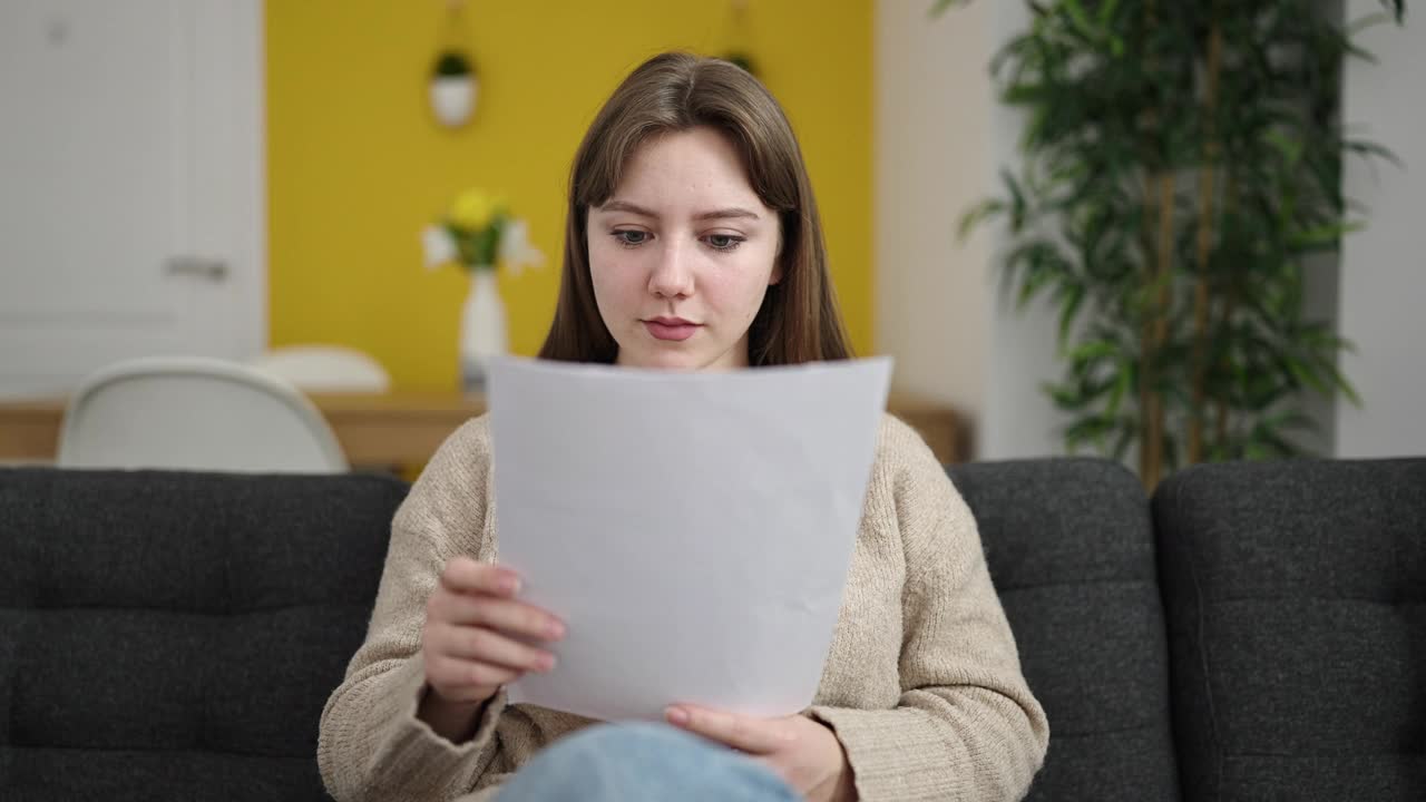 年轻的金发女子在家里用惊讶的表情阅读文件视频素材