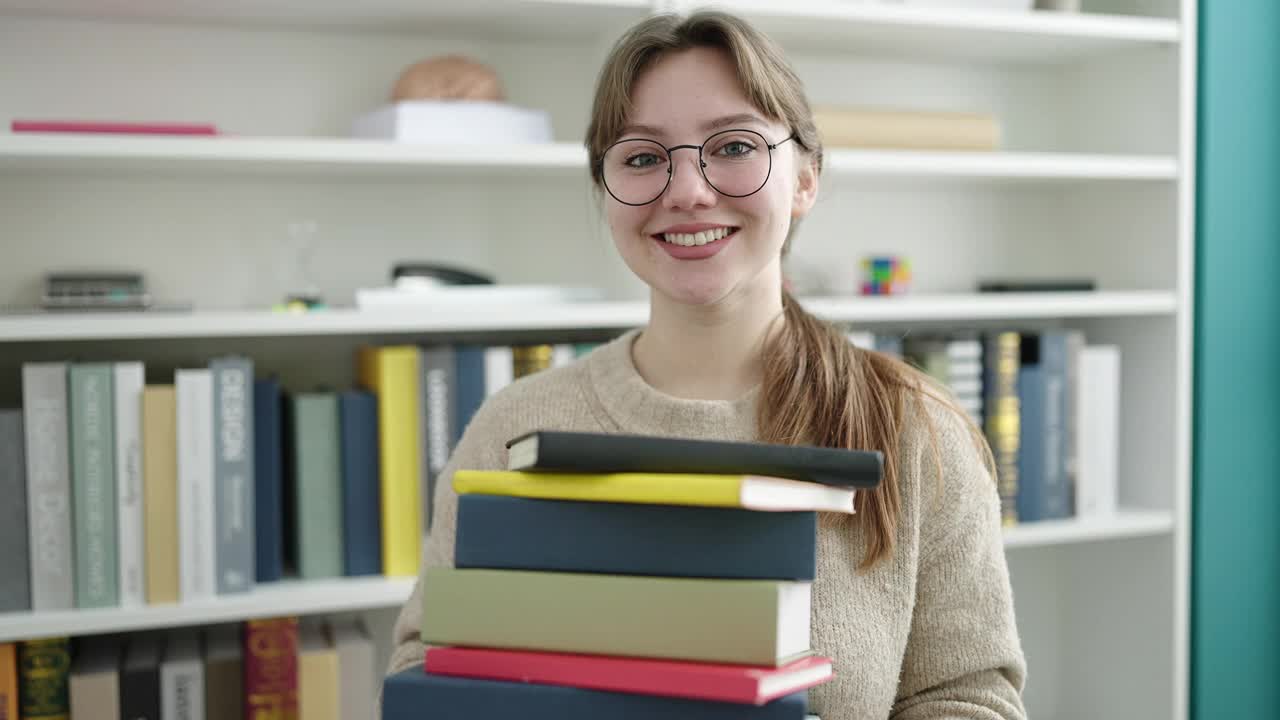 年轻的金发女学生微笑自信地拿着书在图书馆大学视频素材