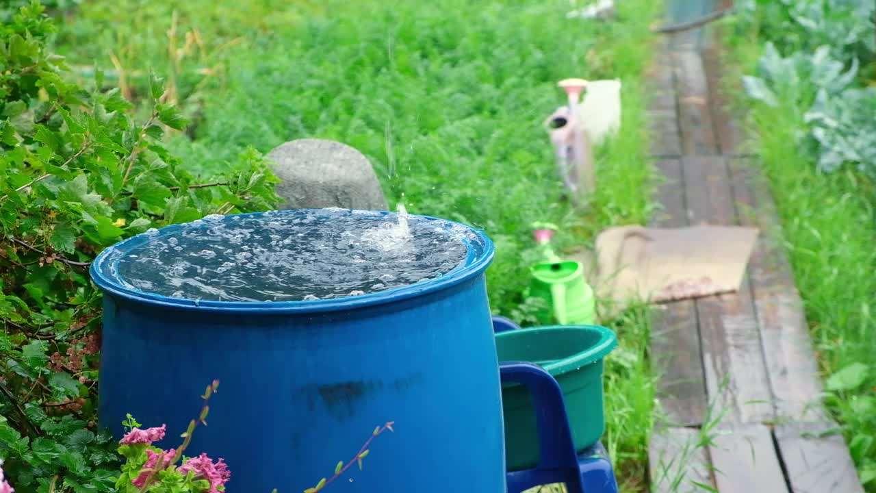 收集雨水的蓝色桶。用塑料容器收集雨水。视频素材