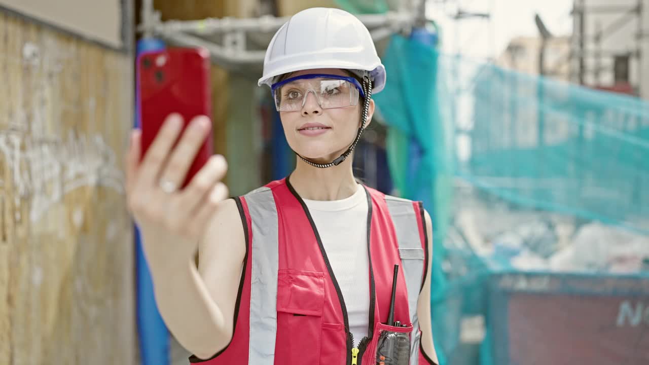 年轻美丽的西班牙女建筑工人在街上进行视频通话视频素材