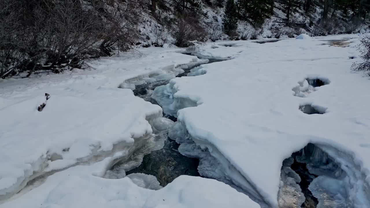 冬季森林冻土下水流的景观视频素材