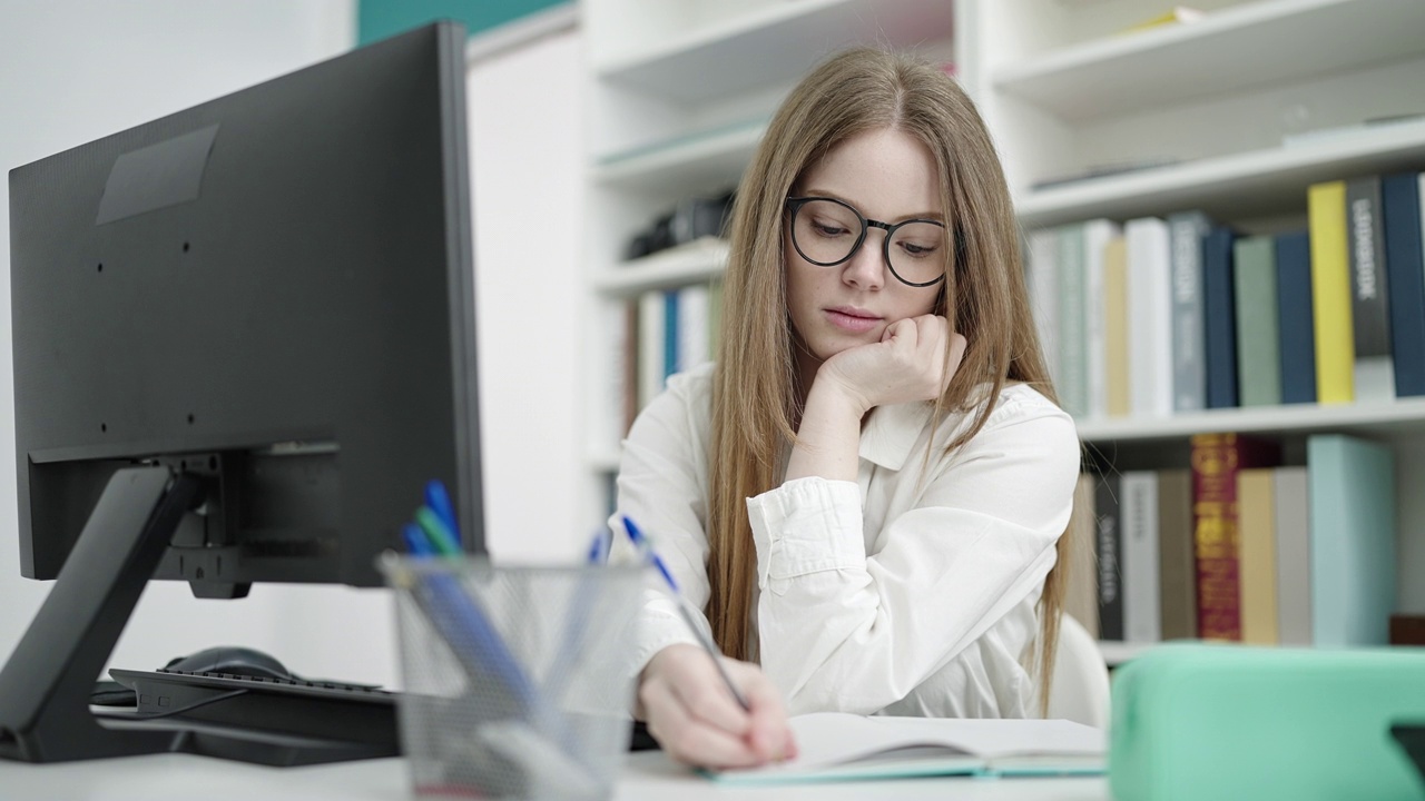 年轻的金发女学生在大学教室里用电脑在笔记本上写字视频素材