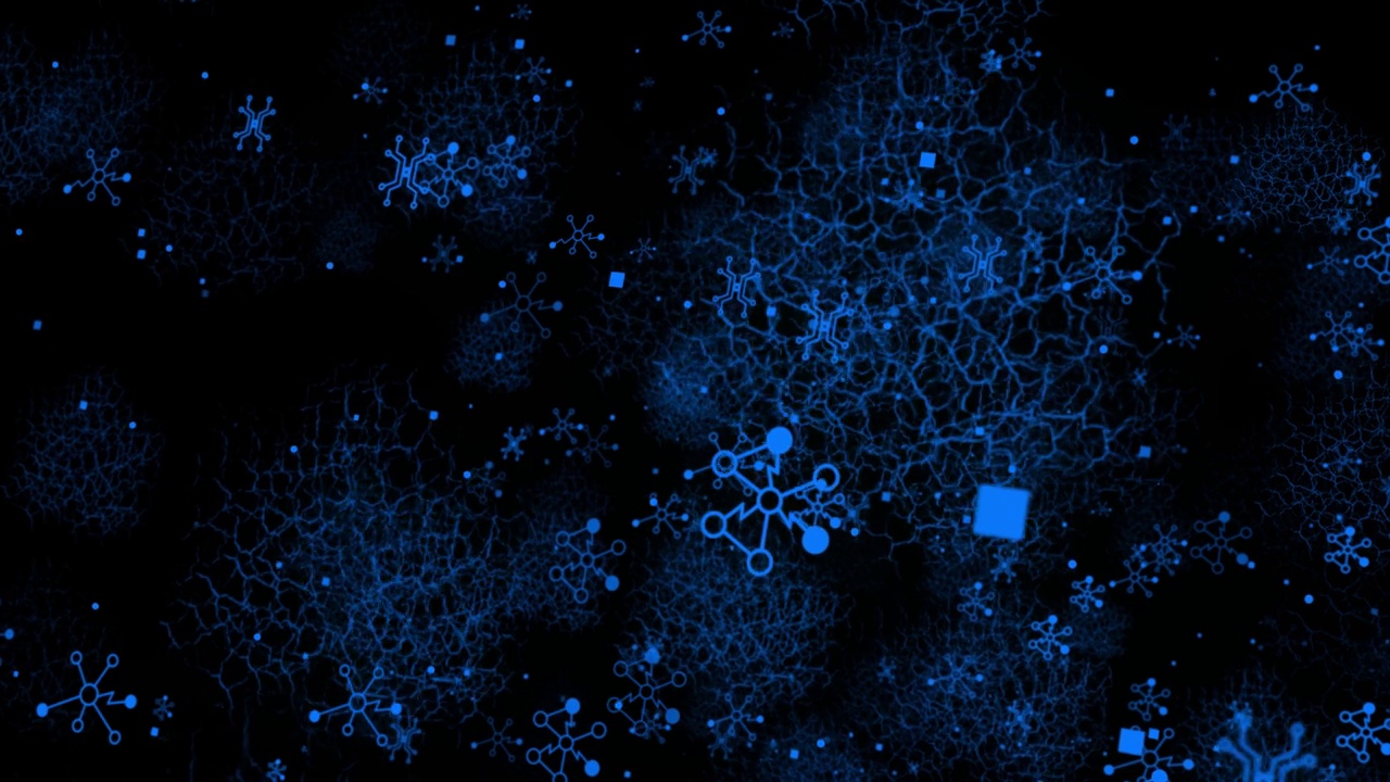 动画蓝色3d网格的技术元素和神经元，技术背景视频素材