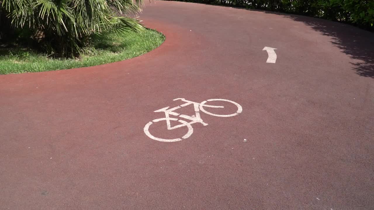 一辆自行车在自行车道和道路标志上的图像(图标)视频素材