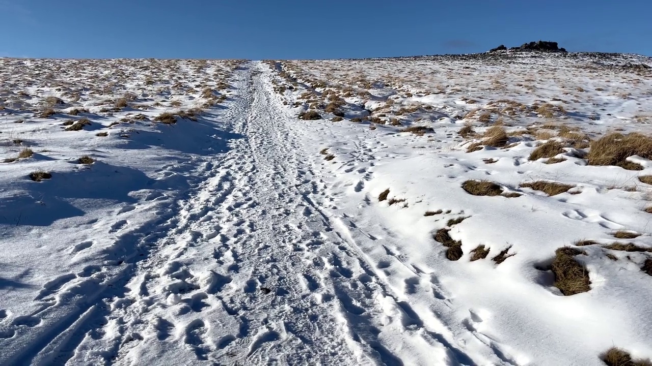 冬天山上的雪盖草和蓝天的景观视图视频素材