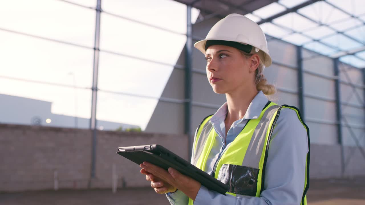 严肃的女性，在项目管理、建筑物流或应用程序现场提供施工想法和平板电脑。思考，女性和工程工作者在工业建筑设计中使用数字技术视频素材