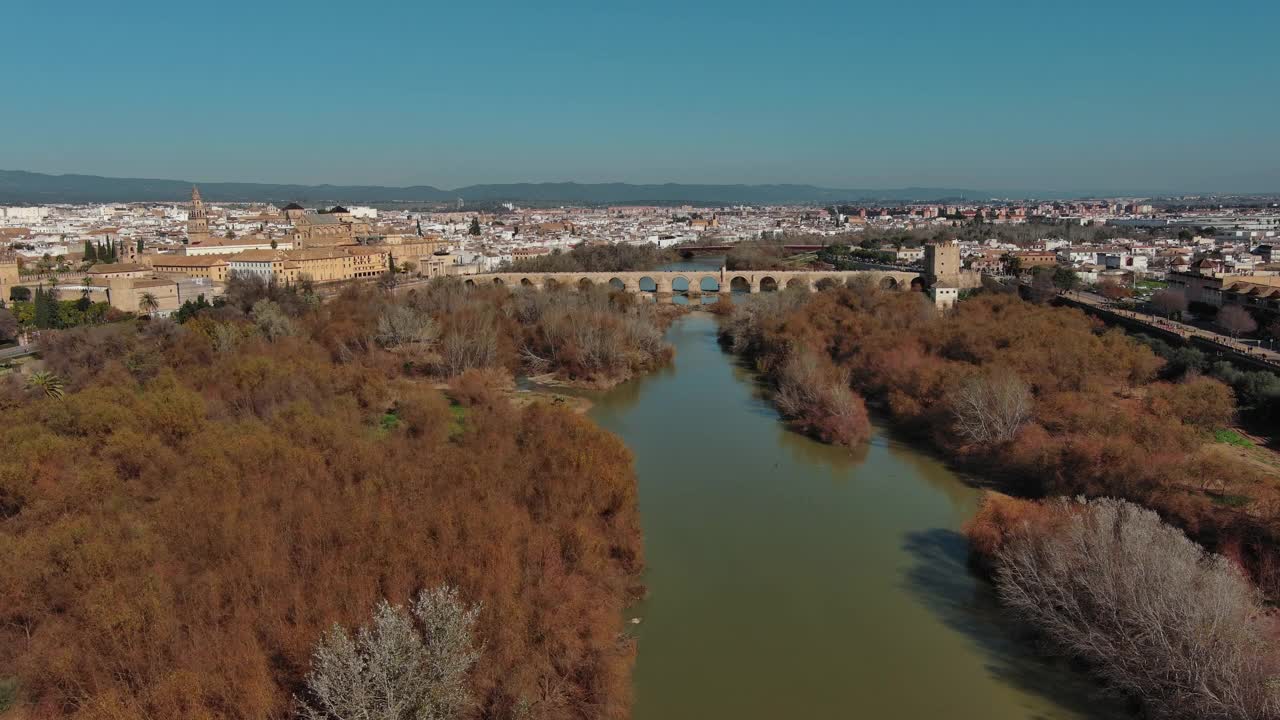 Aerial view of Mosque–Cathedral of Cordoba, Roman bridge, Historic town, Andalusia, Spain视频素材