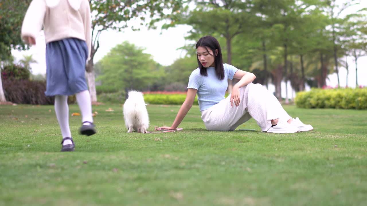 年轻女子在公园里和宠物玩耍视频素材