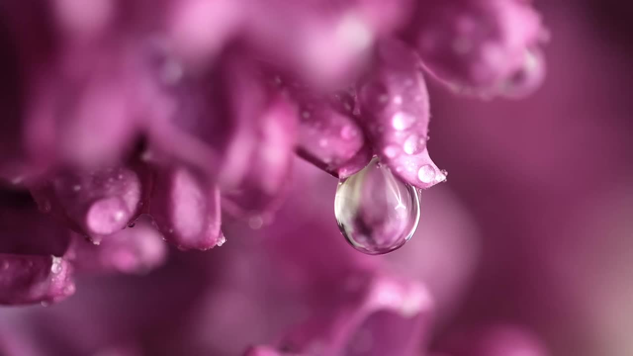 雨下的丁香花。雨滴落在丁香花瓣上视频素材