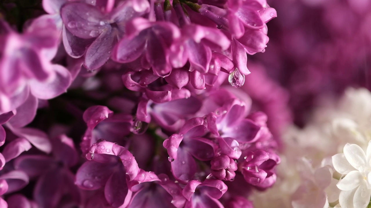 雨下的丁香花。雨滴落在丁香花瓣上视频素材