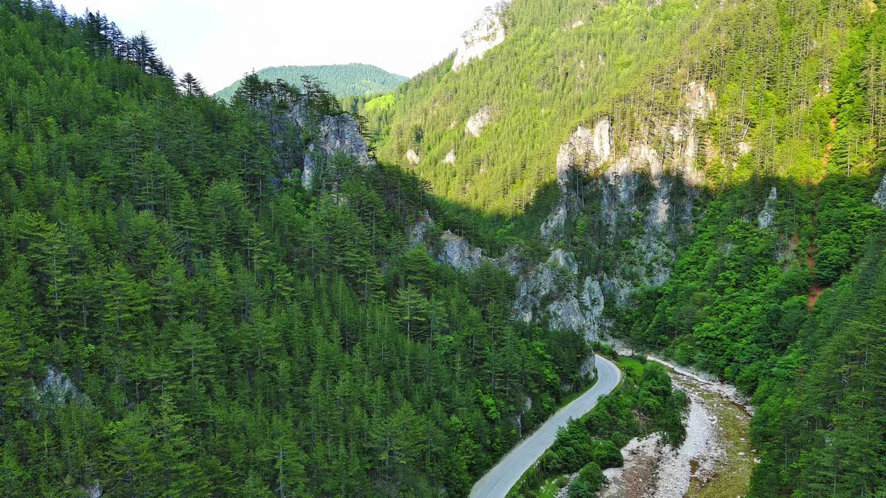 在Rhodope山脉的白天，一条蜿蜒的道路穿过长满树叶的山谷视频素材