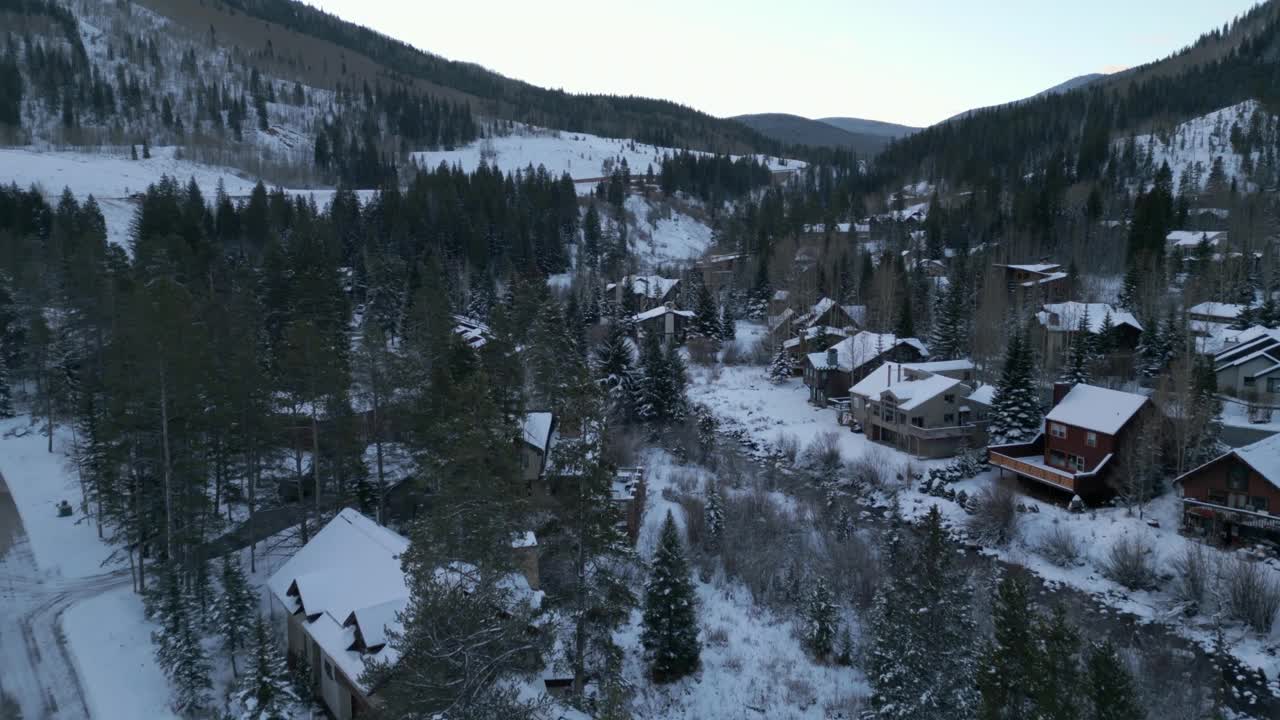 航拍视频显示，在阴天，村庄被雪覆盖，树木环绕视频素材