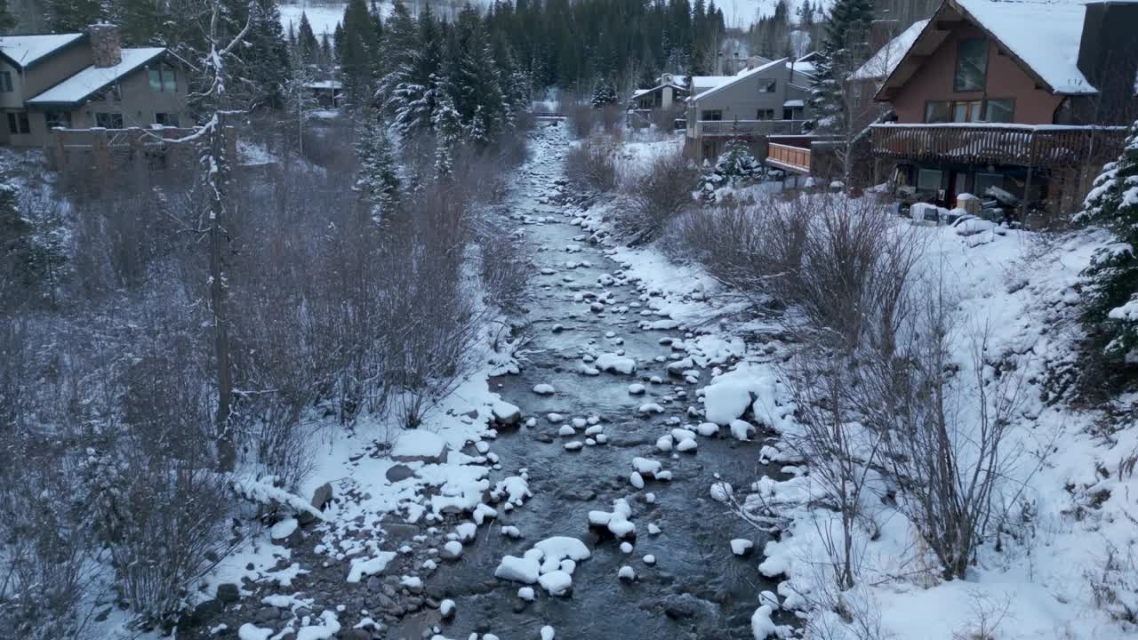 航拍视频显示结冰的湖泊被积雪覆盖的建筑物包围视频素材