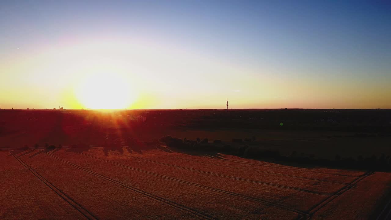 在金色的夕阳下，无人机降落在大片绿色的田野上视频素材