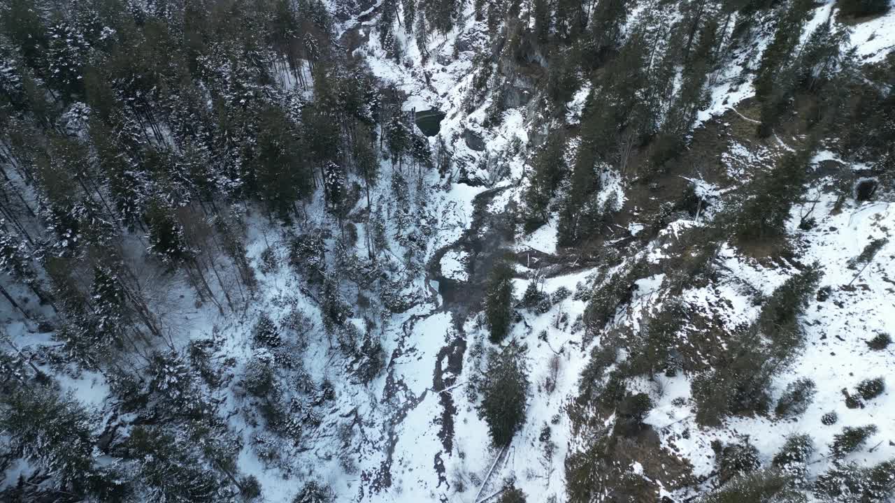 无人机拍摄的白雪覆盖的斯图本落在奥地利的冰山上，树木雪白视频素材