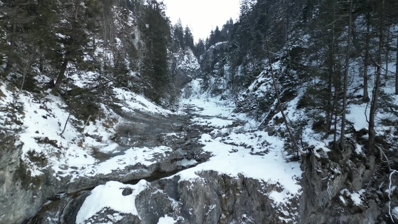 雪景镜头的斯图本瀑布在奥地利的山区与树木和山脉视频素材