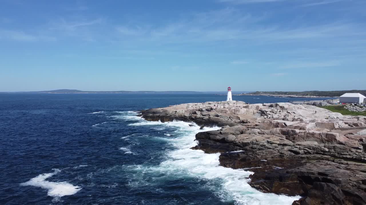 在阳光明媚的日子里，灯塔在岩石海岸上的航拍视频视频素材