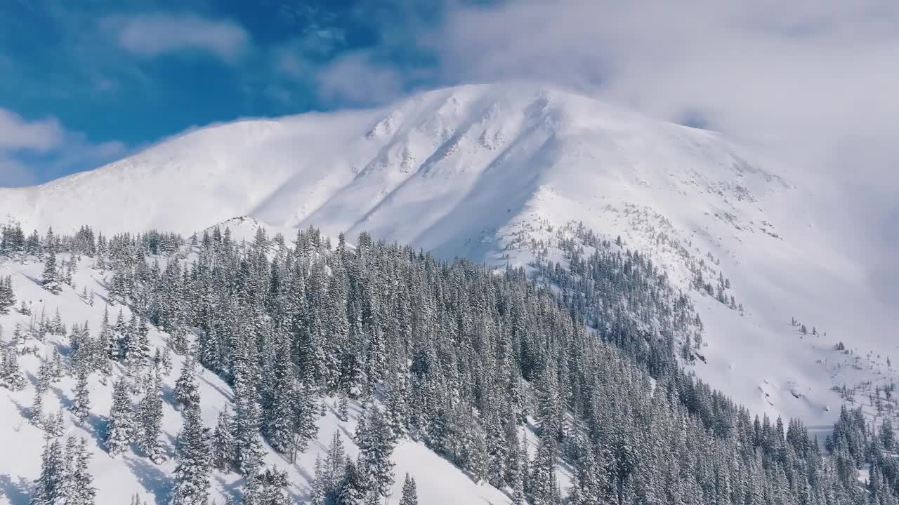 航拍视频，冬天岩石山脉被树木和明亮的雪覆盖视频素材