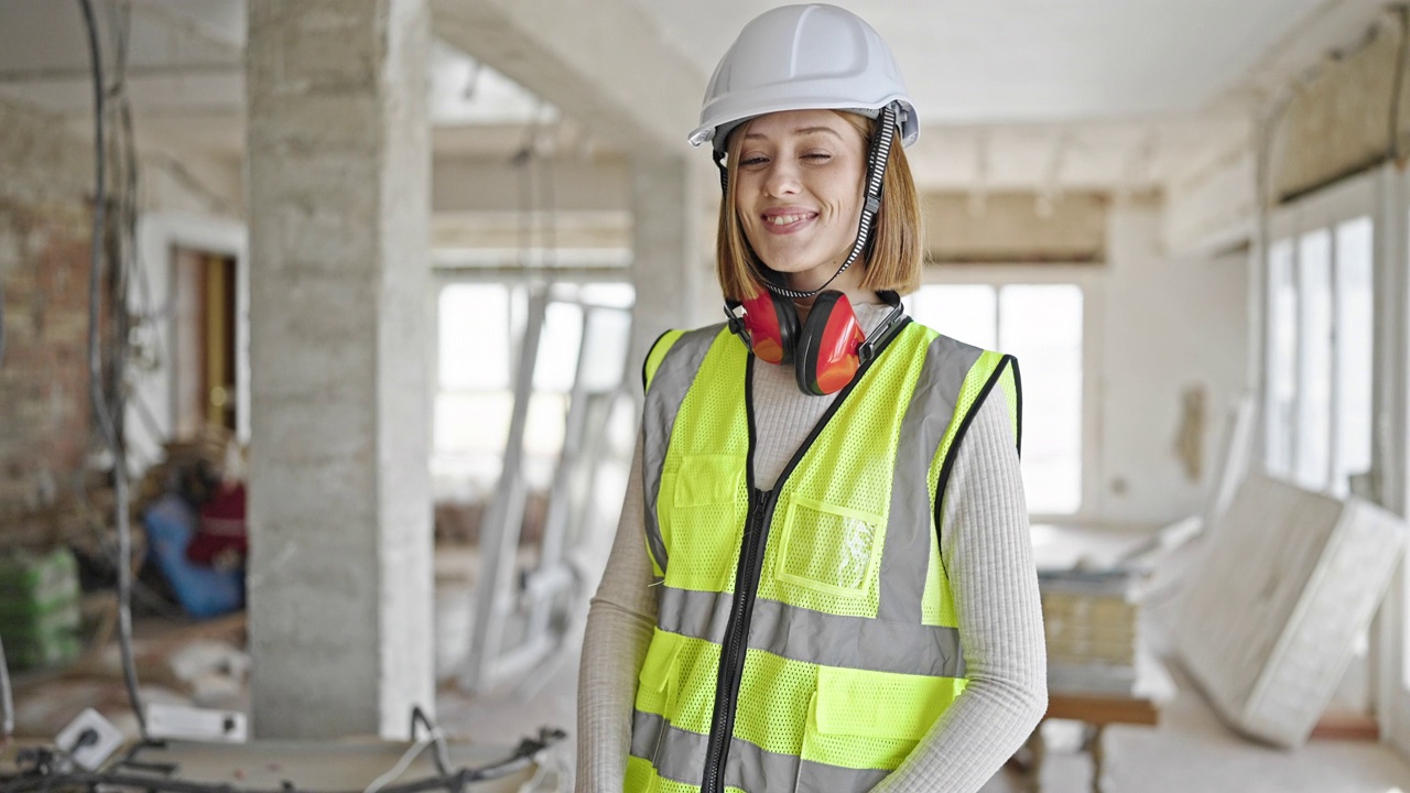 年轻的金发女建筑师戴着安全帽在建筑工地自信地微笑着视频素材