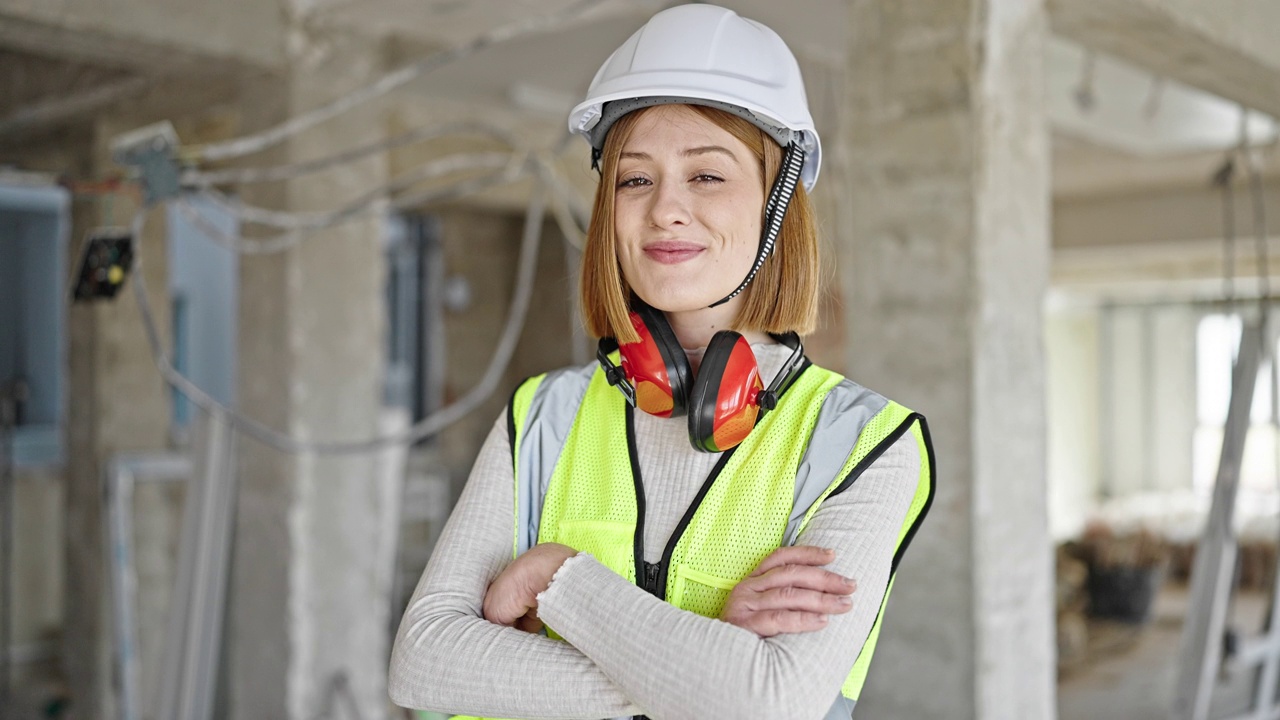 年轻的金发女建筑师微笑着自信地站在建筑工地，双臂交叉视频素材