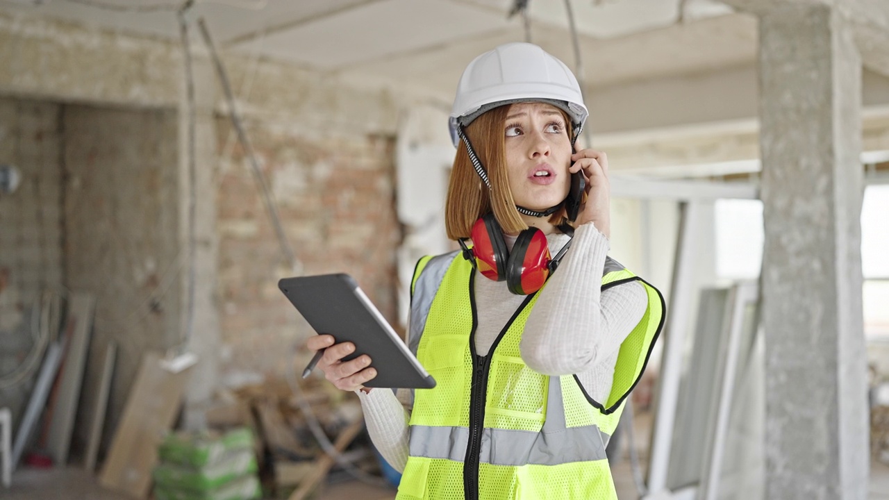 年轻的金发女建筑师在建筑工地用智能手机看触控板聊天视频素材