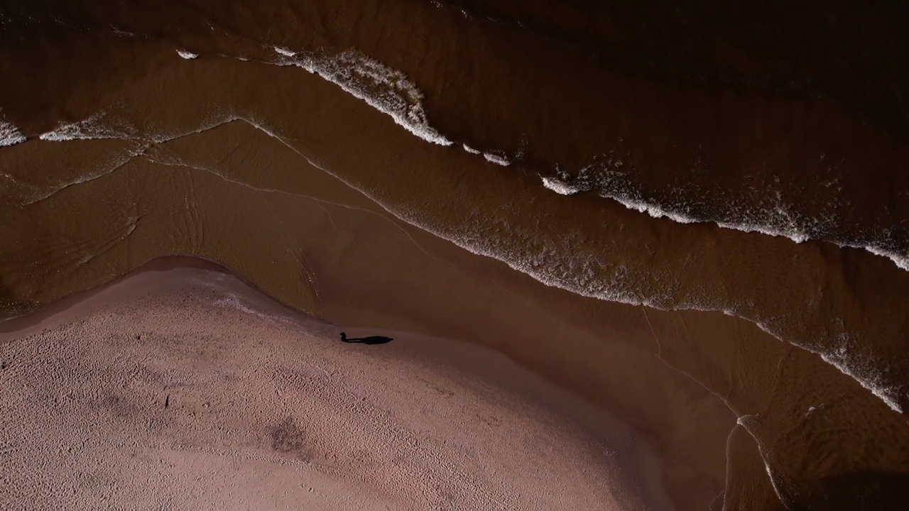 海浪、海洋、海岸的无人机鸟瞰图。海滩和沙丘黑暗平静的海浪自然景观拍摄无人机。旅游视频素材