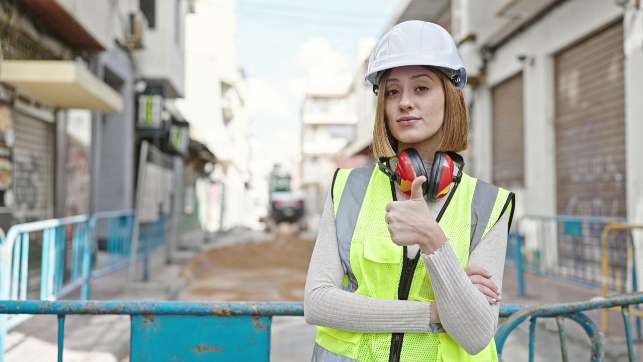 年轻的金发女建筑师站在街上，双臂交叉，竖起大拇指视频素材