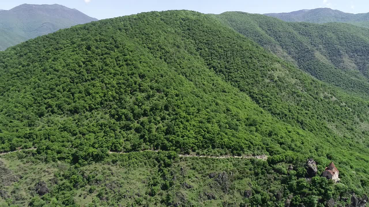 白天无人机拍摄的森林景观和田野视频素材