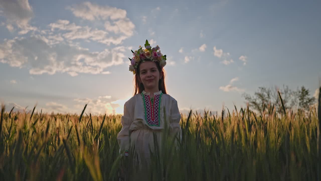 美丽的年轻女孩戴着花冠，穿着保加利亚传统刺绣的民族民俗服装，日落时分在麦田里拍摄4k视频视频素材