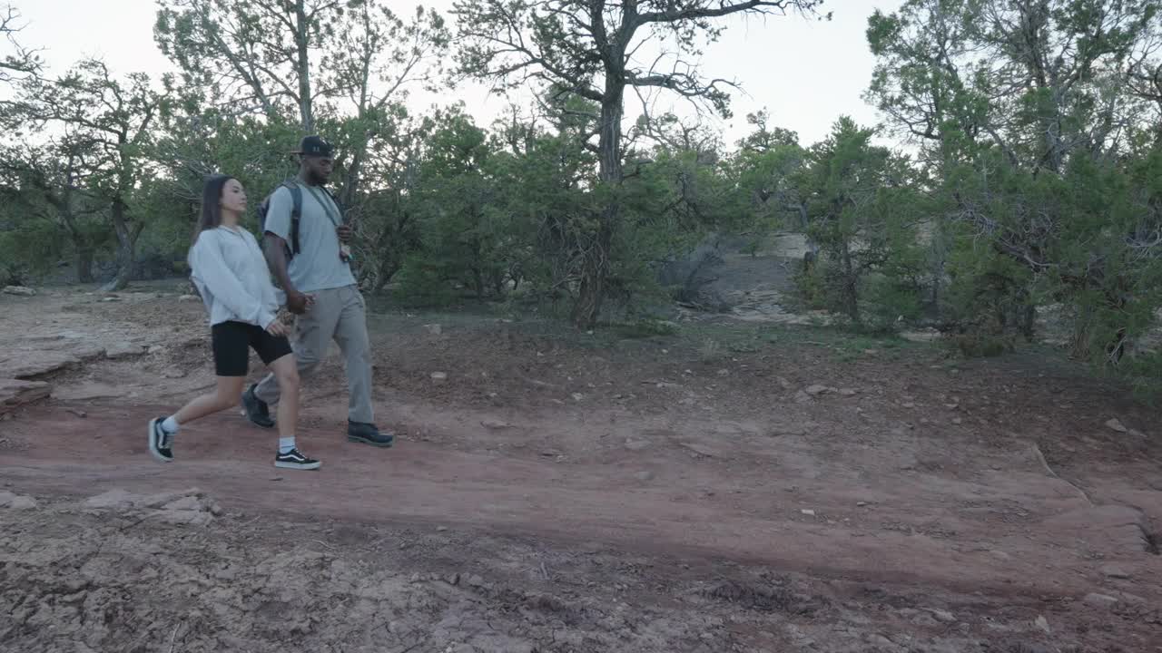 一对混血儿夫妇带着宠物比特斗牛犬在科罗拉多州西部偏远地区的一条土路上徒步旅行，在Fruita和Grand Junction附近视频素材