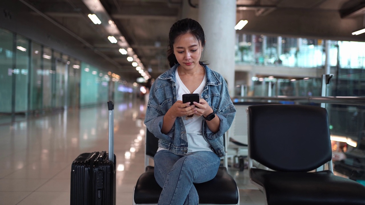 快乐的亚洲女性旅客在机场等待登机视频素材