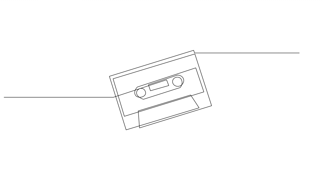 连续线音频磁带的自绘制动画。手绘的动画复古音乐卡带。视频素材