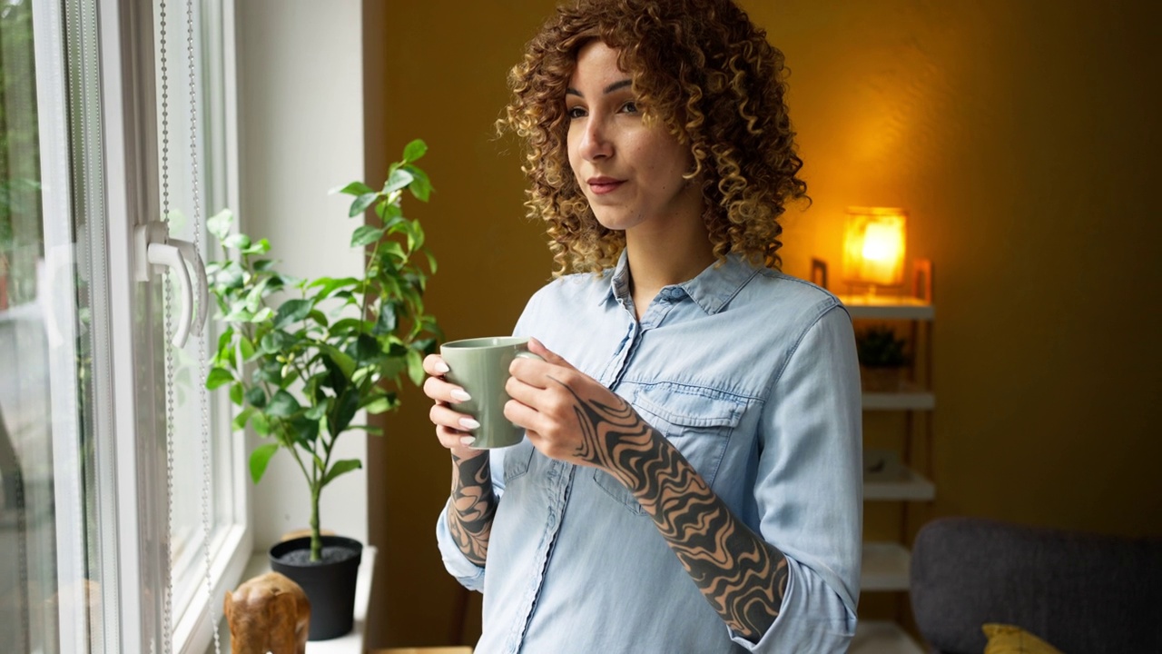 年轻女子在家里端着一杯咖啡，望着窗外视频素材