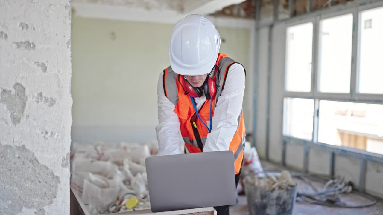 年轻的白种男子建筑师站在工地上使用笔记本电脑，表情轻松视频素材