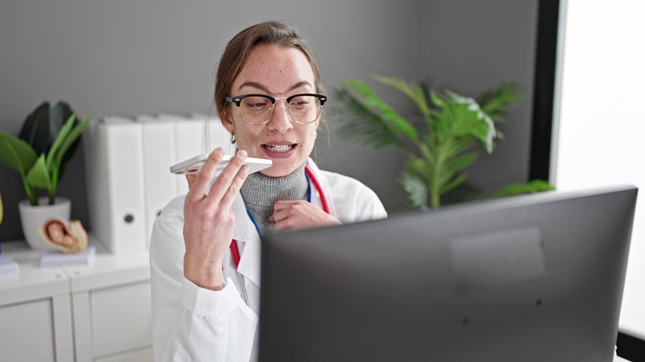 年轻的白人女医生在诊所用电脑用智能手机发送语音信息视频素材