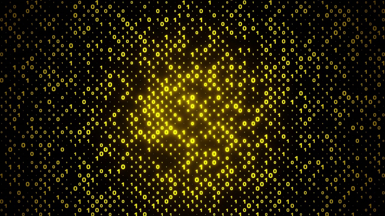 数字矩阵的黄色1和0下降和闪烁。大数据二进制背景概念，计算机技术，信息与网络空间，NFT三维渲染视频素材