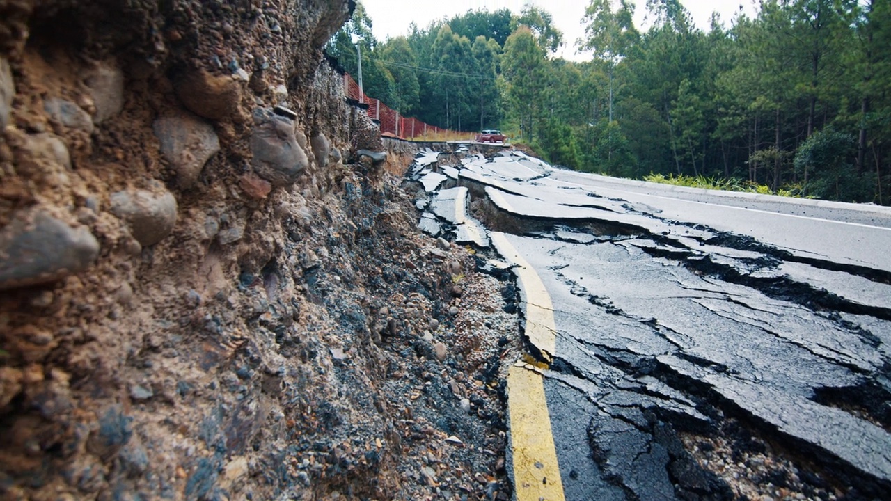 损坏的柏油路在山区。泥石流过后，路面开裂视频素材