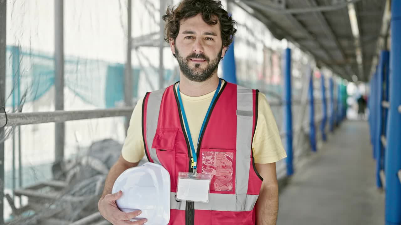 年轻的西班牙裔建筑工人微笑着自信地在街上拿着安全帽视频素材