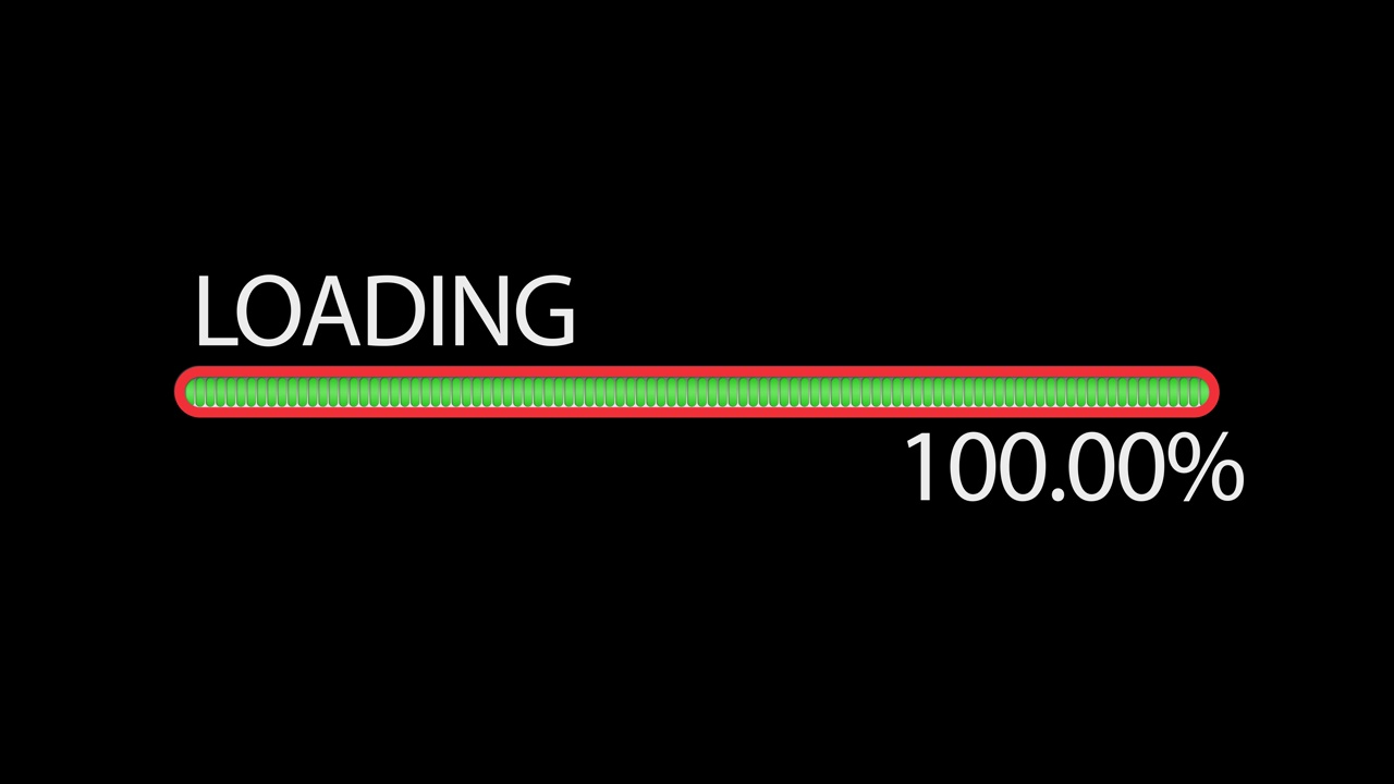 绿色加载进度条下载像素化进度。状态栏，在黑色背景上处理从0到100的传输。百分比指标。未来的更新进度条。60 fps 3D动画视频素材