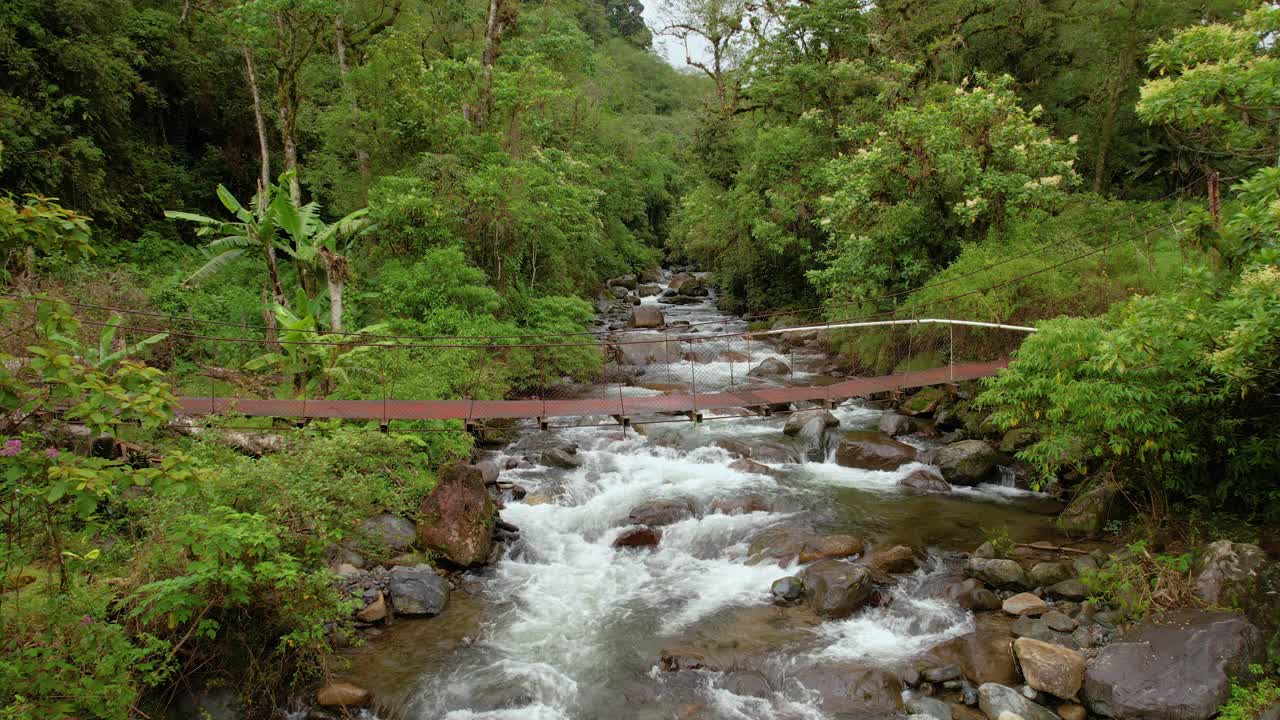 一位女徒步旅行者走在一座桥上，桥上横跨着野性而美丽的卡尔德拉河视频素材