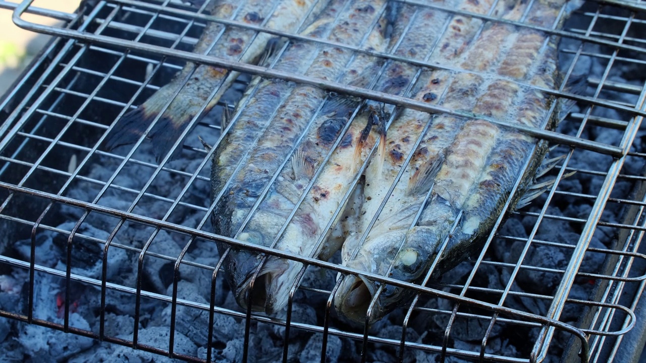 在烧烤盘上用香料烹饪海鲜。用木炭烤的鲈鱼或石斑鱼视频素材