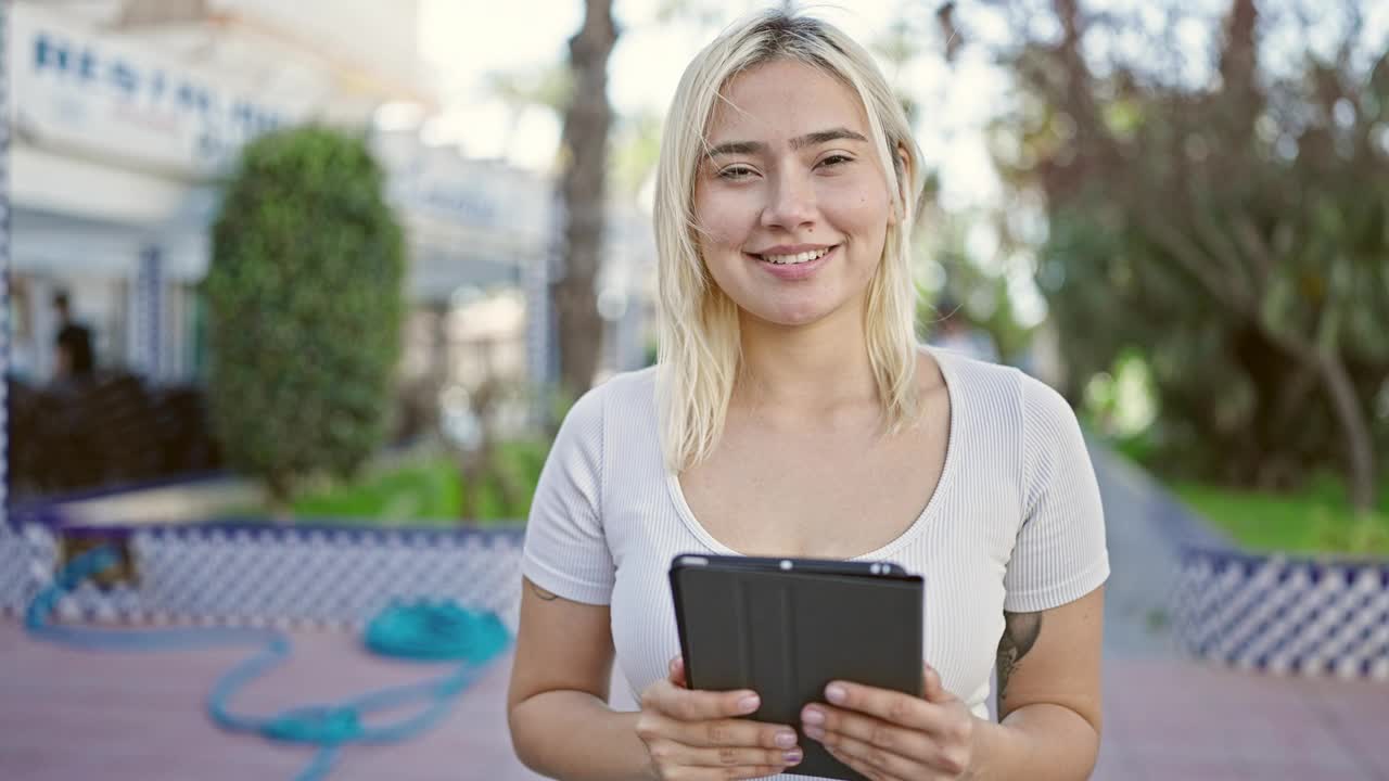 年轻美丽的西班牙女子微笑自信地使用触摸板在公园视频素材