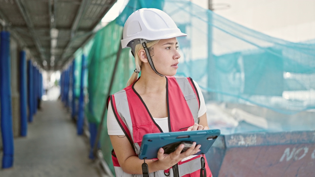 年轻美丽的西班牙女建筑师在街上使用触控板视频素材